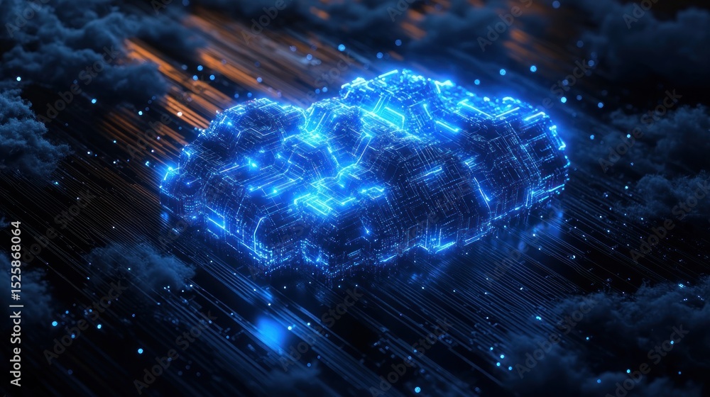Poster futuristic glowing blue cloud-shaped digital data network with technological circuit patterns surrou