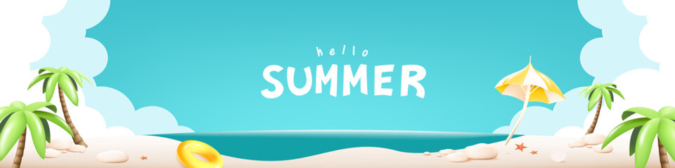 Tropical beach background with palm trees, sun umbrella, and ocean view under clear sky. Ideal for summer vacation and holiday themes.