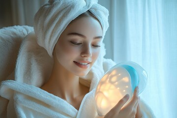 young woman in white bathrobe and towel turban on head holding and looking at glowing facial mask with gentle smile in bright room