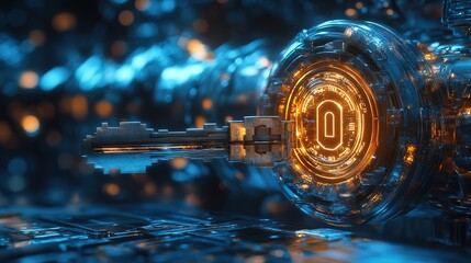 A futuristic holographic lock with a miniature encrypted key