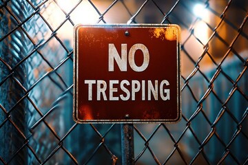 Rusty no trespassing sign mounted on a metal post attached to a chain-link fence with blurred background lighting, conveying caution and restricted access