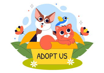 Animal Adoption Agency Vector Illustration Featuring Pet Adoption from a Shelter with Cats and Dogs in a Flat Style Cartoon Background