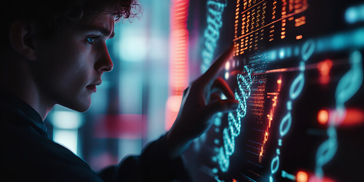 Scientist examining digital DNA structure on high-tech display, Man studying genetic code on virtual touchscreen, Biotech professional analyzing genome data interface

