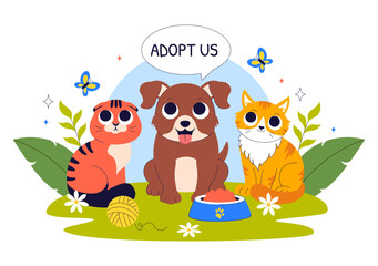 Animal Adoption Agency Vector Illustration Featuring Pet Adoption from a Shelter with Cats and Dogs in a Flat Style Cartoon Background