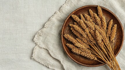 Dried wheat stalks in a wooden bowl on a linen cloth.