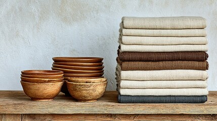 Wooden bowls and stacked cloths on a wooden surface.