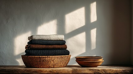 Stacked sweaters in a woven basket, bathed in natural light.