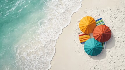 Drone View Vibrant Life on Beaches Concept. Colorful Beach Umbrellas on Sand with Ocean Waves in Bright Tropical Paradise Setting