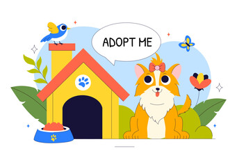 Animal Adoption Agency Vector Illustration Featuring Pet Adoption from a Shelter with Cats and Dogs in a Flat Style Cartoon Background