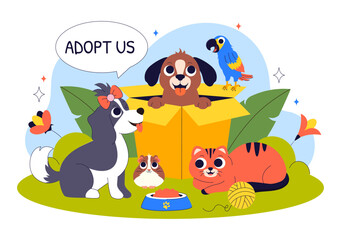 Animal Adoption Agency Vector Illustration Featuring Pet Adoption from a Shelter with Cats and Dogs in a Flat Style Cartoon Background