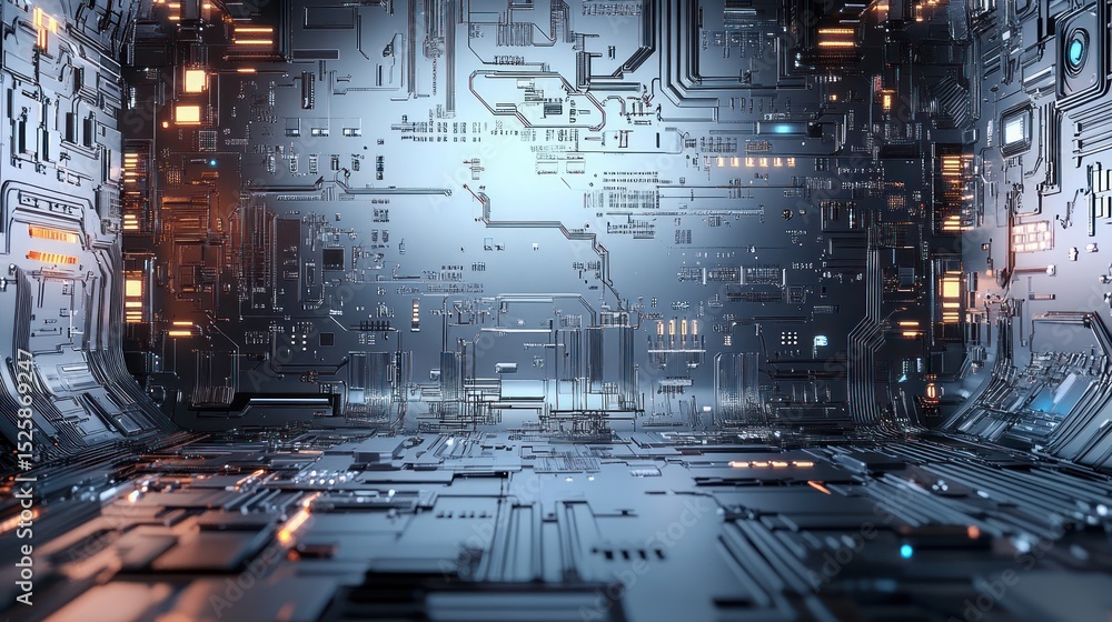 Poster futuristic digital room with intricate circuit board patterns illuminated by blue and orange lights 