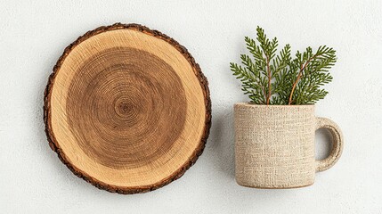 Wooden slice coaster and a light beige mug with greenery.