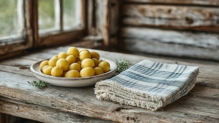 A rustic wooden table with a ceramic bowl of yellow plums and a stack of checked napkins.