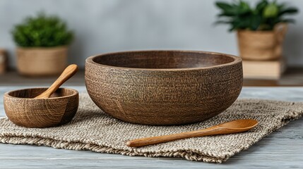 Wooden bowl and spoons on a table.
