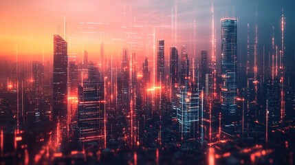 A futuristic city skyline with digital charts overlaying glowing skyscrapers