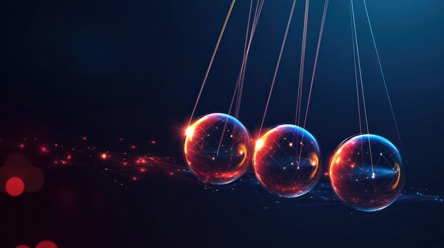 Newton's Cradle swinging, dark background, energy flow, abstract concept