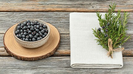 A bowl of dark berries sits on a wooden coaster, beside a folded linen napkin with rosemary sprigs.
