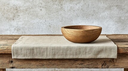 Wooden bowl on a linen placemat on a rustic table.