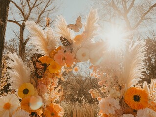 Enchanting floral display with butterflies in golden sunlight backdrop