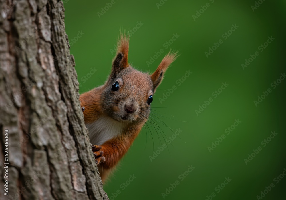 Poster red squirrel peeking around a tree trunk with a blurred green background