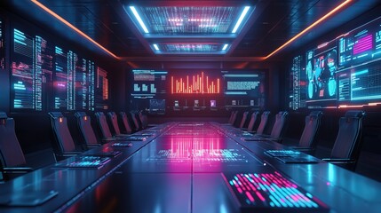 A futuristic business conference room with AI-driven analytics on glowing screens 