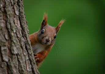 Fototapeta premium Red squirrel peeking around a tree trunk with a blurred green background