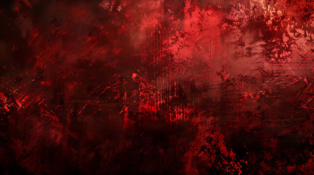 An abstract grunge background with a dark red texture featuring splatters, scratches, and stains creating a distressed and artistic design