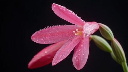 Fototapeta premium Pink rain lily, dew drops, black background, close-up, botanical