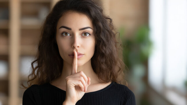 A young woman with curly hair making a shushing gesture, communicating silence. The light indoor setting and her serious expression add emphasis to the conveyed message.