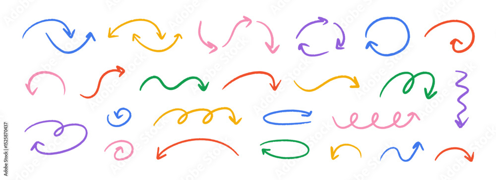 Poster hand drawn crayon wavy arrow collection. color curved, zig zag and squiggle doodled arrows set. char