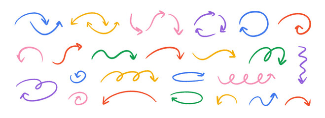 Hand drawn crayon wavy arrow collection. Color curved, zig zag and squiggle doodled arrows set. Charcoal sketch pointer and direction lines. Vector pastel pencil, chalk or marker brush stroke elements