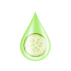 Vegetable cucumber in green water drop on a white background. Serum solution vitamin C from nature essential skin care. For ads cosmetics cream lotion. Vector EPS10.
