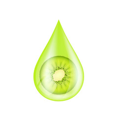 Fruits kiwi in water drop on a white background. Serum solution vitamin C from nature essential skin care. For ads cosmetics cream lotion. Vector EPS10.