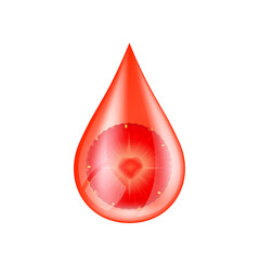 Fruits strawberry in red water drop on a white background. Serum solution vitamin C from nature essential skin care. For ads cosmetics cream lotion. Vector EPS10.