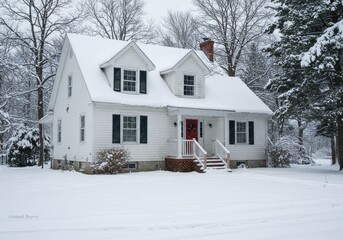 Naklejka premium White house covered in snow during winter season with bare trees