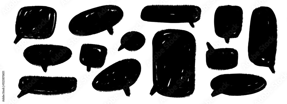 Aufkleber Hand drawn speech bubble collection. Doodled marker dialog box set. Scribbled textured comic talk frames. Black sketched chat box pack. Round, square or rectangle balloon text box bundle. Vector 