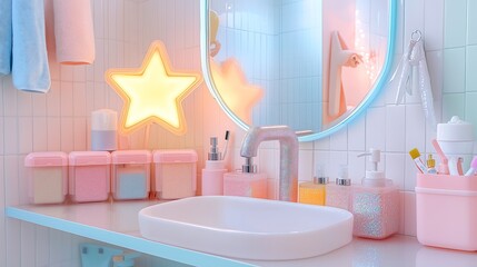 Pastel bathroom counter with glittery soap dispensers, translucent storage boxes, neon star-shaped mirror, and retro mirror.