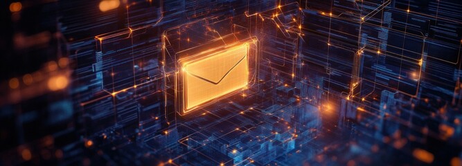 Glowing digital envelope icon surrounded by a complex holographic network of interconnected blue and orange circuit-like lines representing data communication and technology