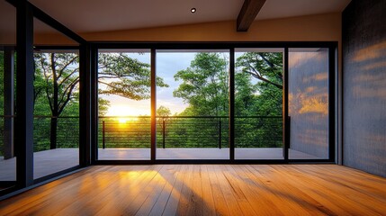 Empty modern room with large floor-to-ceiling glass doors overlooking green trees and a sunset casting warm light on wood floor