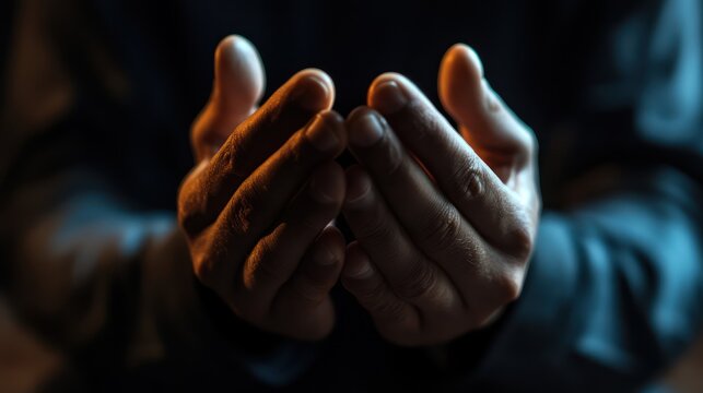 Man praying hands dark background hope faith religion