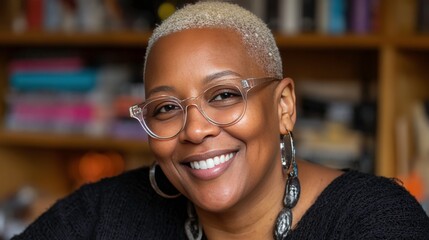 Portrait of a smiling Black woman with short blonde hair and clear glasses.