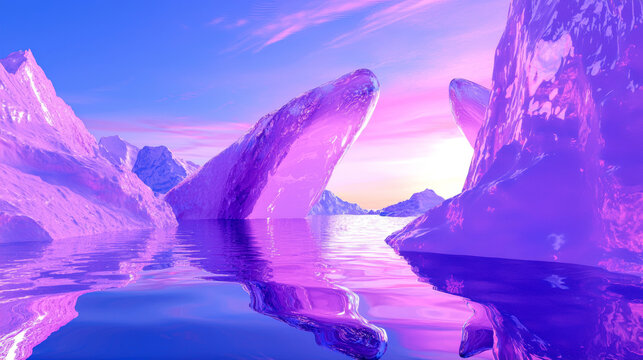 Icy purple crystal formations rising from calm reflective water at sunset surreal winter landscape 10D render futuristic abstract fantasy environment vibrant pastel aesthetic