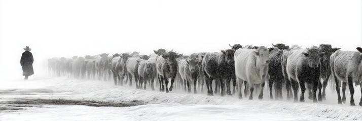Cowboy Leading Cattle Through Blizzard