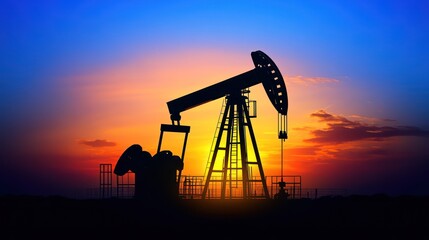 Sunset oil rig silhouette pumping petroleum, field