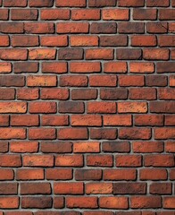 Fototapeta premium Close-up view of an old red brick wall with varying shades and textures of bricks arranged in horizontal rows with gray mortar
