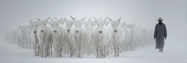 White Cattle Herd in Snowy Landscape
