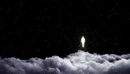 A figure ascends stairs to the heavens