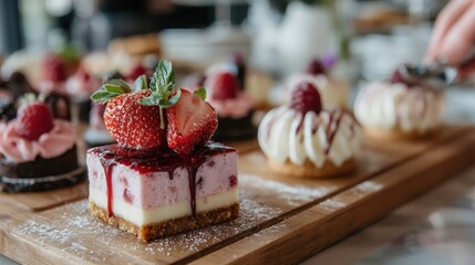 Delicious Strawberry Cheesecake Dessert on Wooden Board.