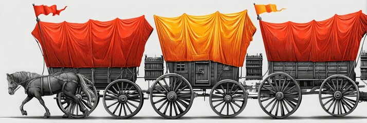 Three Vintage Covered Wagons Pulled by a Horse