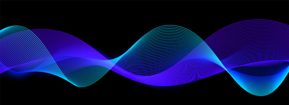 Neon sound wave on black background. Abstract flowing wavy dot lines design for ai concept, eq equalizer, audio record, voice assistant. Vector blue purple gradient dashed curve stripe wallpaper